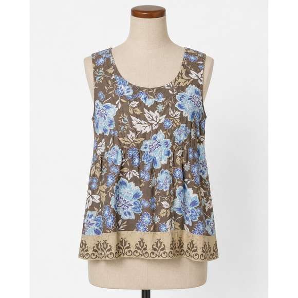 J. Jill Tops - J. Jill LP Petite Large Floral Sleeveless Cotton Top Blue Gray Border Print 100%